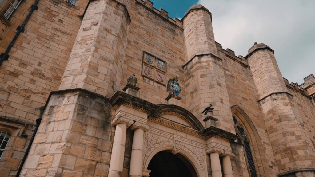 Establishing shot by Durham castle wedding videographer