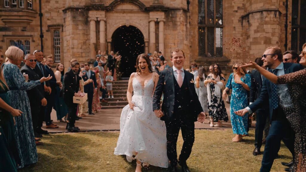 Wedding confetti shot by Durham castle wedding videographer