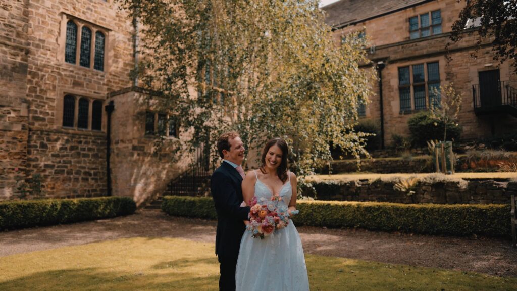 Durham castle wedding couple by Durham castle wedding videographer