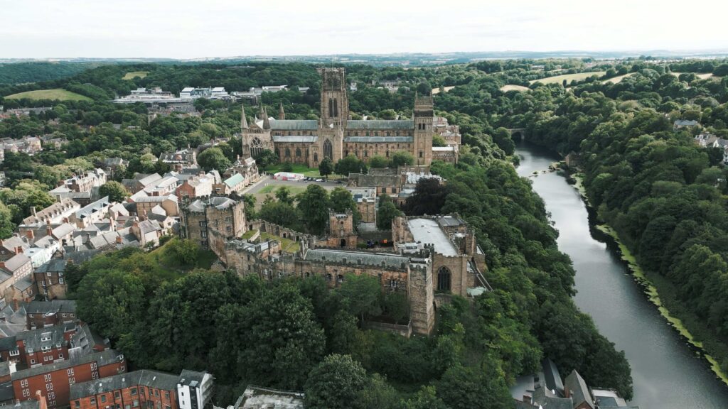 Drone shot of Durham by Durham castle wedding videographer